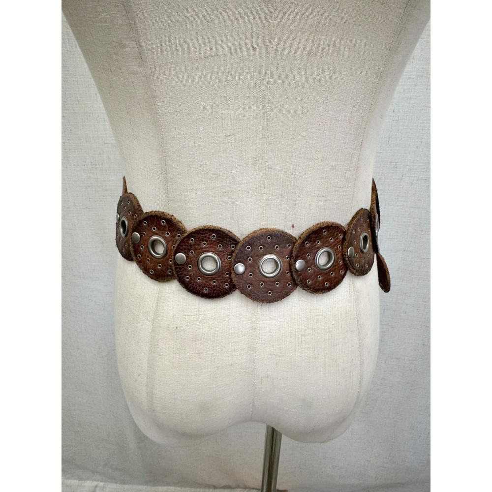 Western boho leather Disc Concho Belt‎ Brown silver grommets SML/MED adjustable - Picture 6 of 16